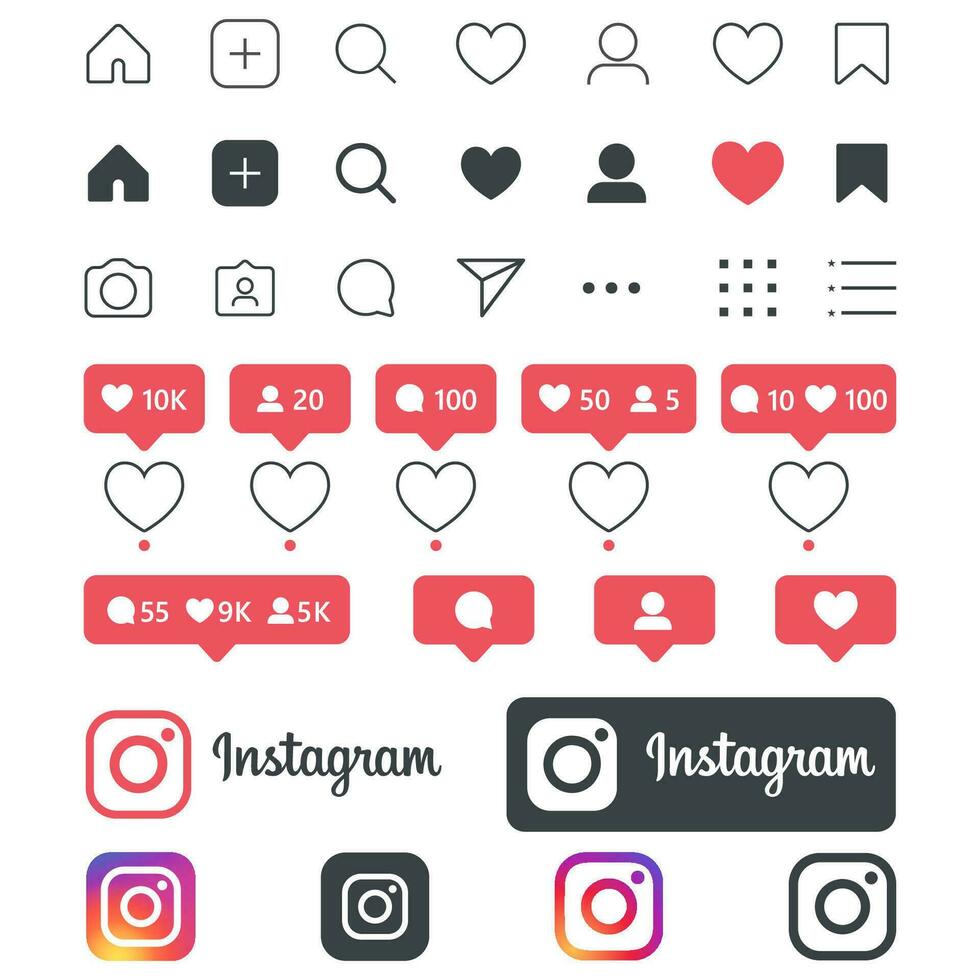 instagram aplicación interfaz iconos, emoticonos instagram Bosquejo en teléfono inteligente todas aislado en blanco antecedentes. vector