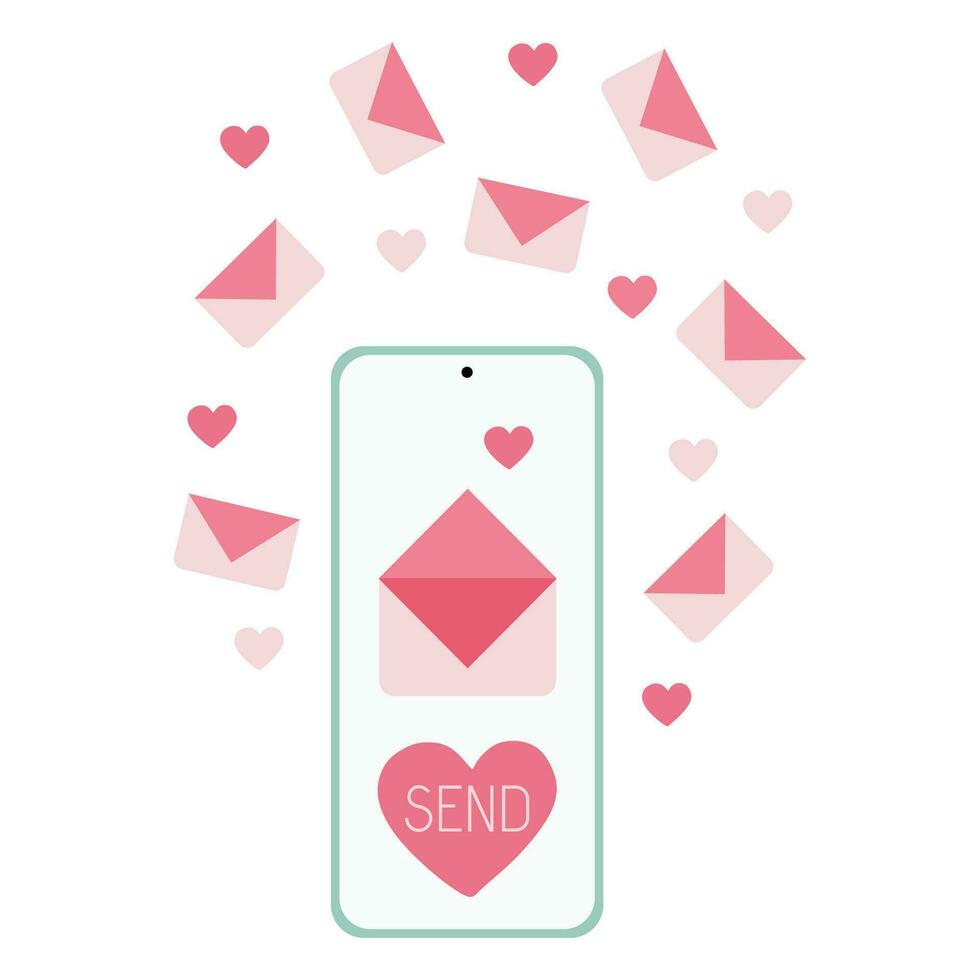 Vector illustration Smartphone with Love envelope and hearts. Sending romantic message on screen. Social network and mobile device concept. Graphic for websites, web banner. Flat Valentine day graphic