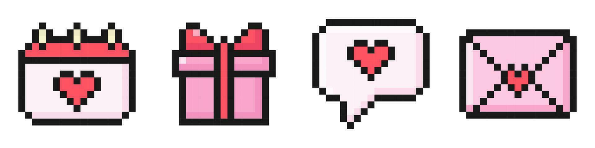 San Valentín día píxel conjunto de iconos, antiguo, 8 poco, años 80, 90s arcada juego estilo, íconos para juego o móvil aplicación, diálogo, carta, calendario, regalo, vector ilustración