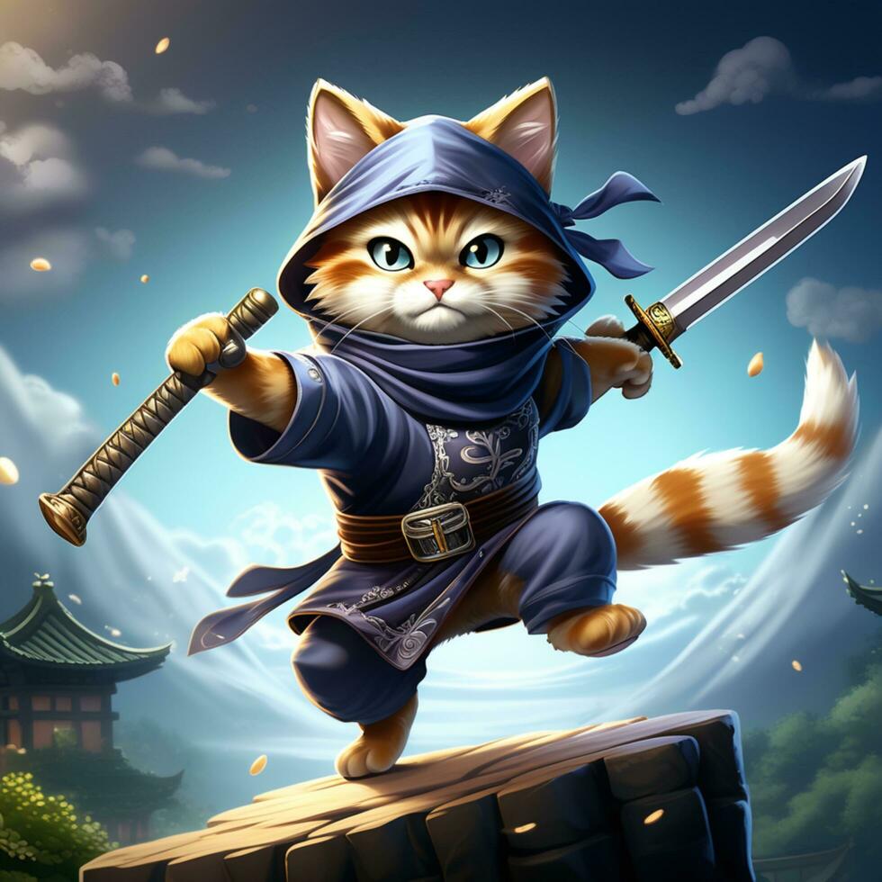 AI generated illustration of a ninja cat holding a sword with a headband photo