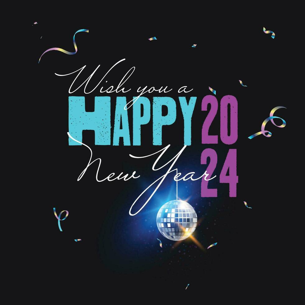 2024 Happy New Year Background Design with disco ball and confetti. Greeting Card, Banner, Poster. Vector Illustration.