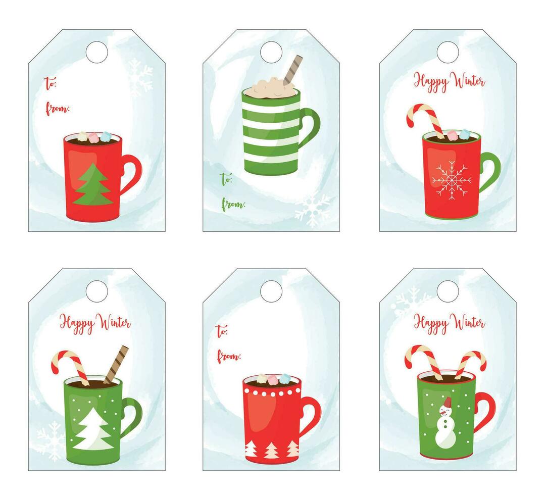 Christmas gift labels with decoration items. Labels with wishes for a happy new year and christmas. Paper vector set for decoration of gifts for the holidays