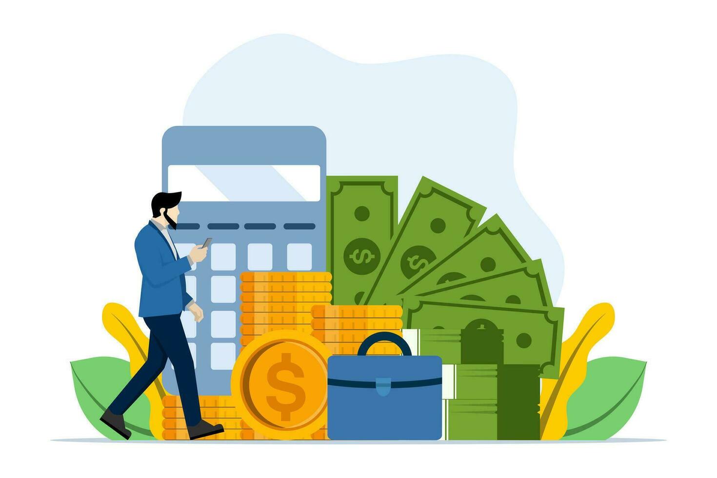 concept of financial management, financial administration, businessman calculating budget, optimization, financial accounting, tasks, vector illustration in flat design for UI, banner, mobile app.