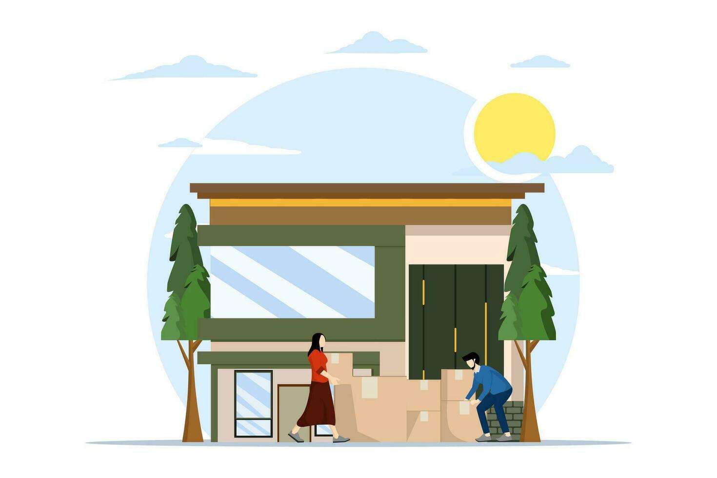 Concept of moving to a new House. People have been relocated to new places. people lift boxes containing furniture at home. Mobile Furniture with Flat Transport style design. Vector Illustration.