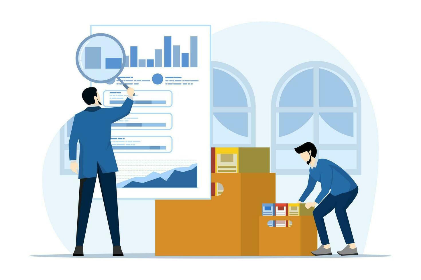 financial report concept, financial report, report preparation, person who audits financial report, accounting report. digital accounting, auditing and finance. Flat vector illustration on background.