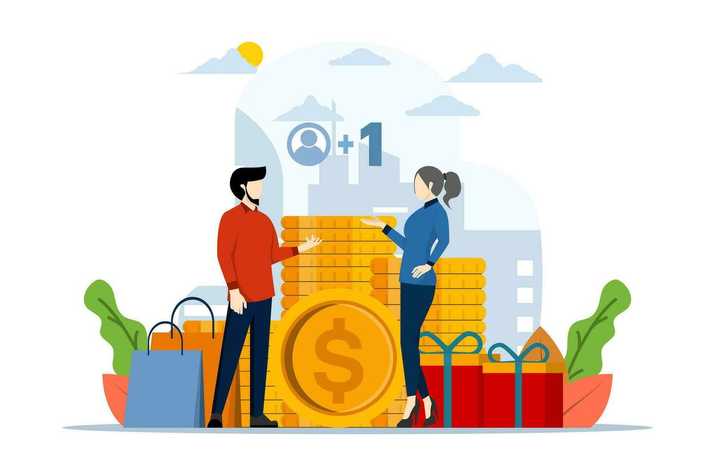 Concept of referring a friend, businessman making great offers, getting bonuses and cash back, online shopping, earning points, loyalty programs, discounts, customer service, flat vector illustration.