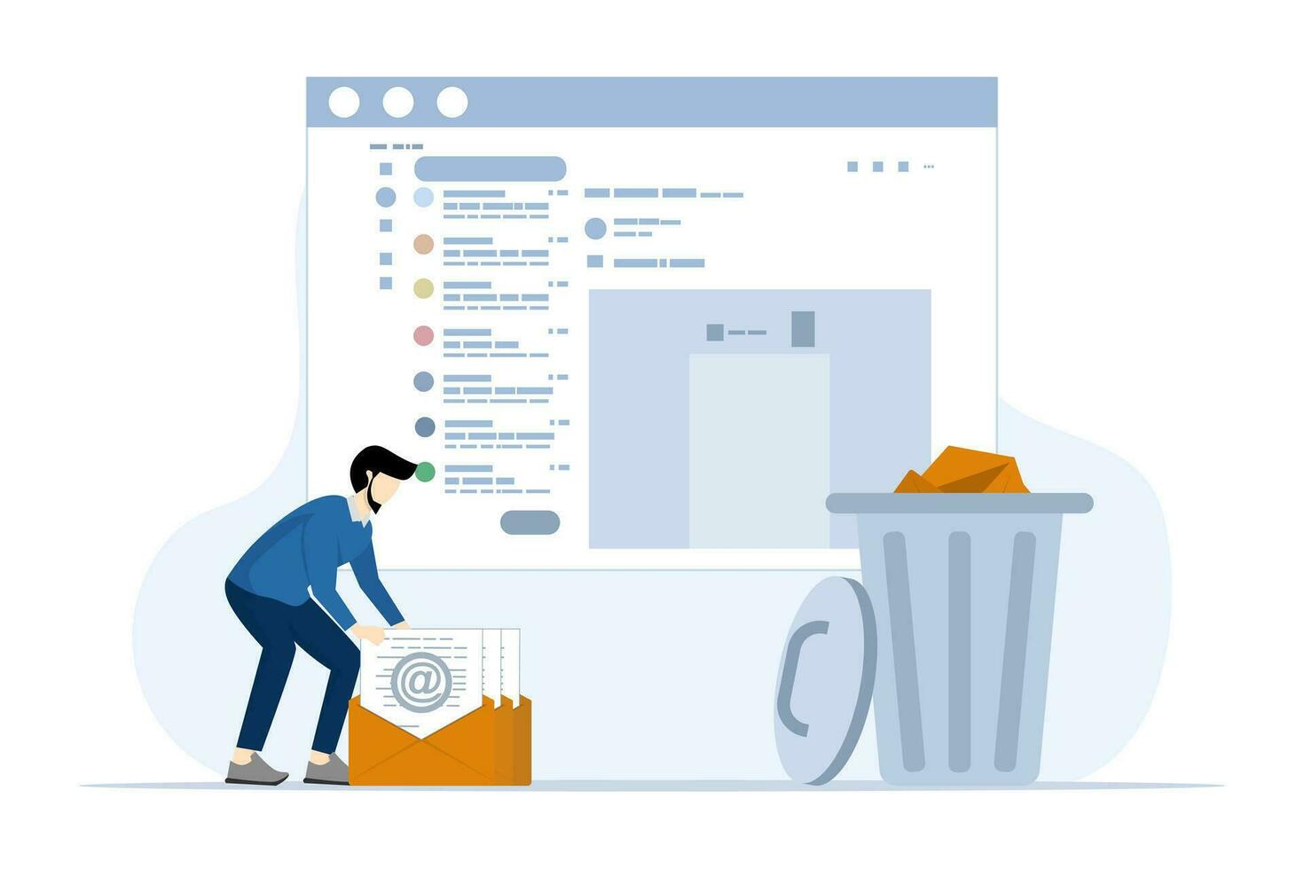 concepto de basura Internet mensajes en buzón, suplantación de identidad correos electrónicos y publicidad letras. negocio personaje quien toma correo no deseado correos electrónicos a el basura. plano vector ilustración en blanco antecedentes.