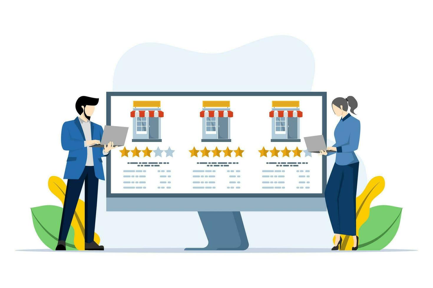 online store ranking concept, online store rating and feedback, customer reviews, E-commerce, online shopping, buyer satisfaction, trust metrics, top rated products, flat vector illustration.