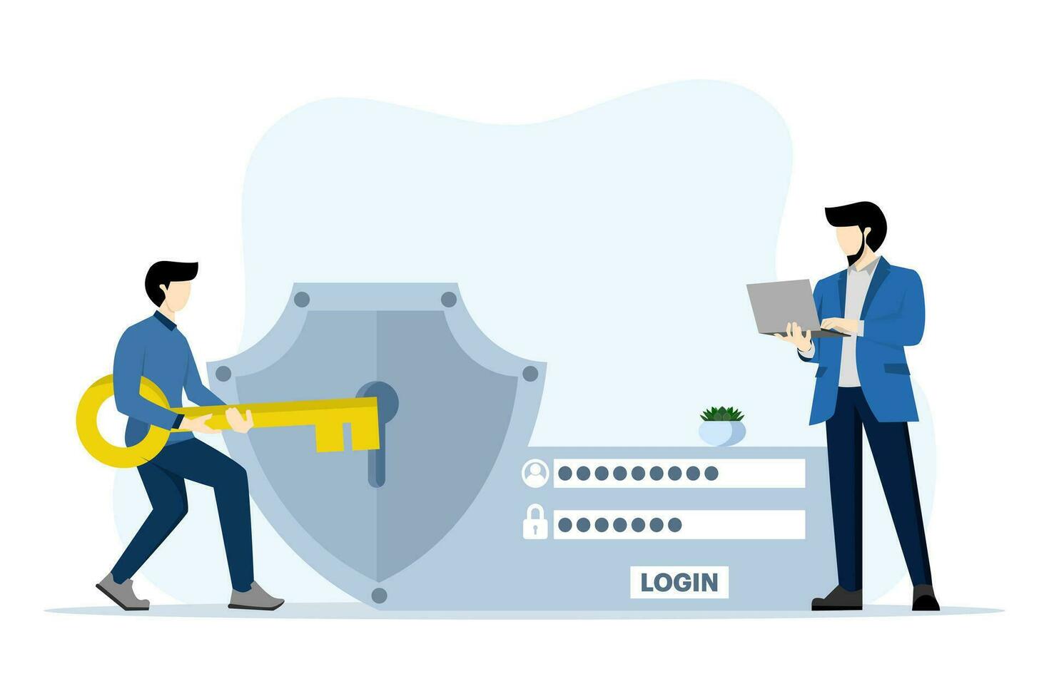 Account security concept, businessman holds key to access security system that protects user account data and password for login. account information and password. flat vector illustration.