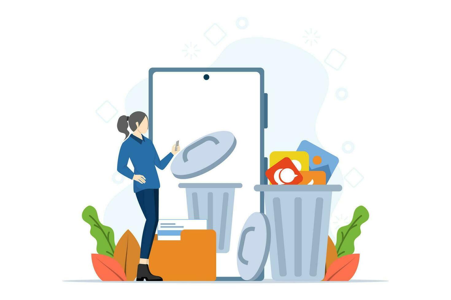 Concept of character cleaning cell phone from junk files. people delete documents with software. Users delete folders with documents, photos, videos, games to the trash, clear the cache. vector. vector