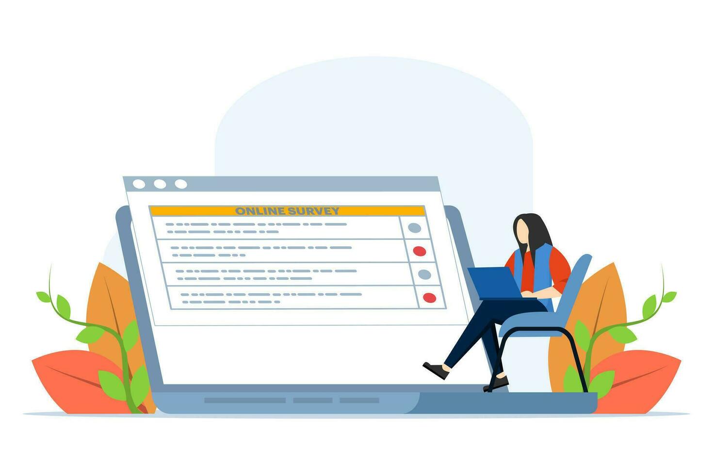 online poll and survey concept, people monitor online survey results using laptops, to create paper note lists, can be used for, landing pages, homepages, posters, banners. flat vector illustration.