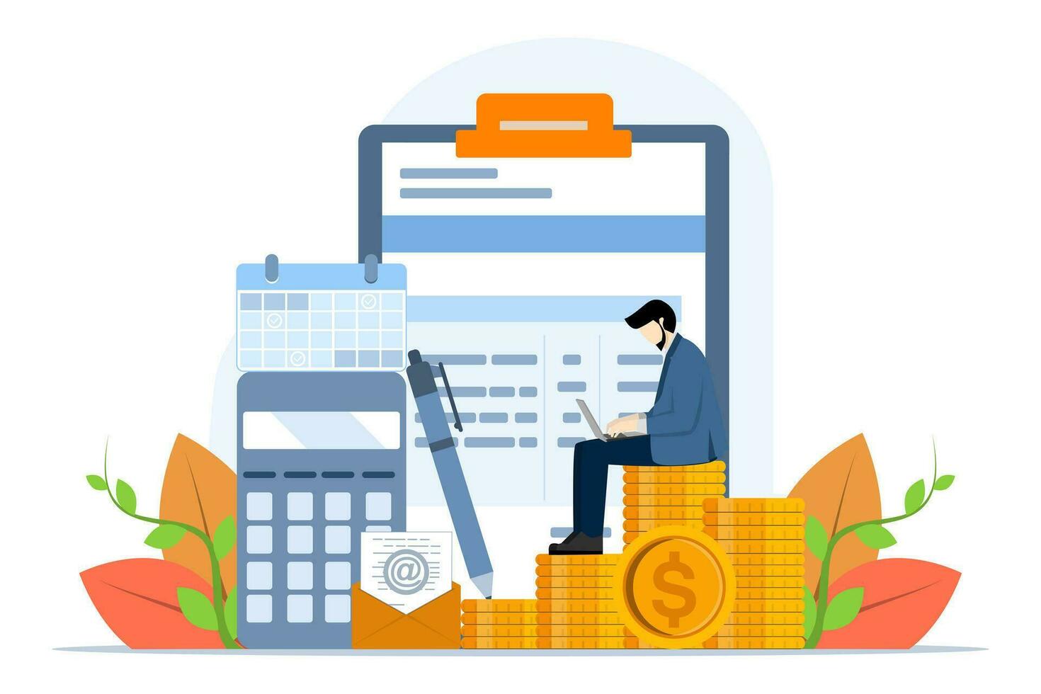 Salary payroll system concept, online income calculation and automatic payment, office accounting administration or calendar payment date, businessman standing with online payroll computer. vector