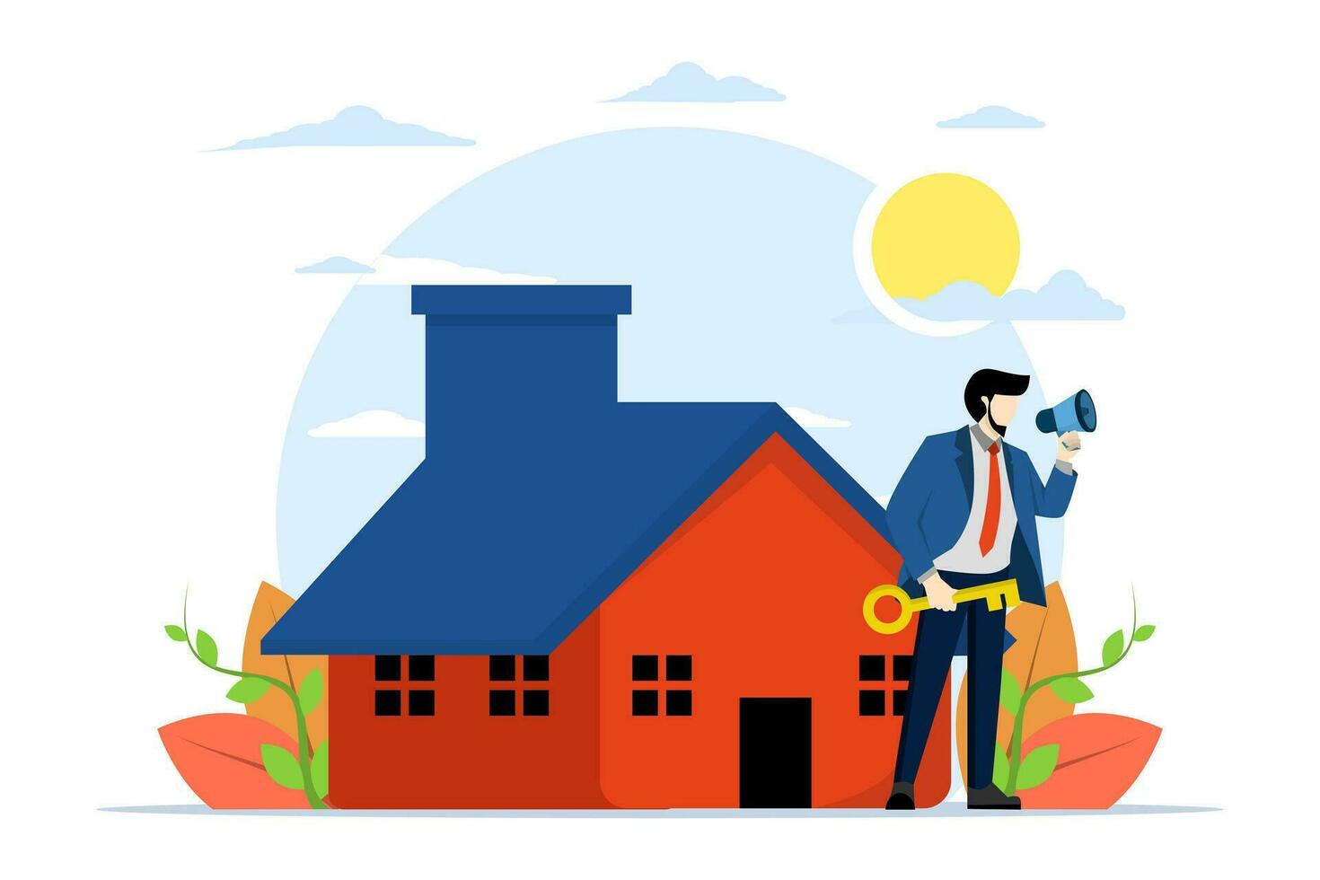 concepto de de venta casa, alquiler real bienes, donación, ofrecimiento, demostrando, hombre participación megáfono y casa llaves para de venta casa llaves casa manejo, plano diseño vector ilustración.