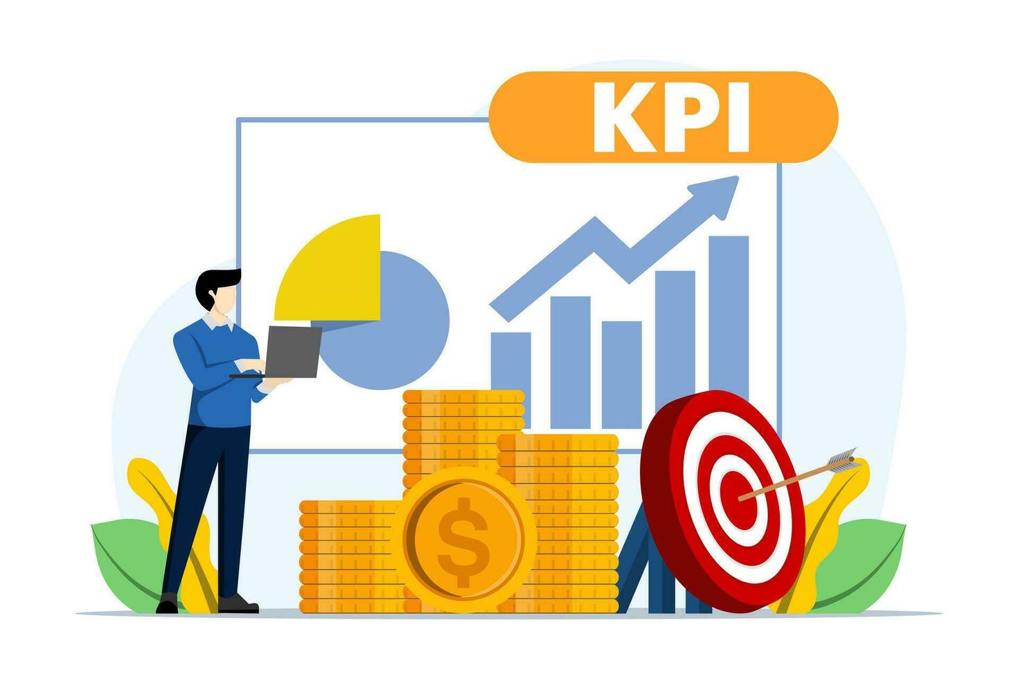 kpi métrica concepto, negocio gestión, objetivos y actuación, estrategia, analista, llave actuación indicadores, bandera antecedentes plano vector ilustración en blanco antecedentes