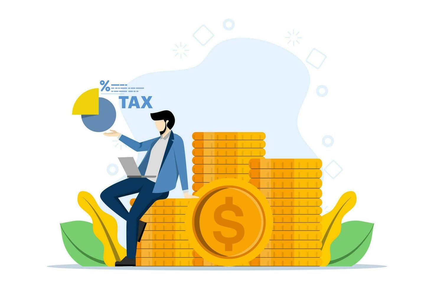 tax refund concept, businessman cuts big taxes, tax reduction, optimization, tasks, financial accounting. Flat vector illustration on white background.