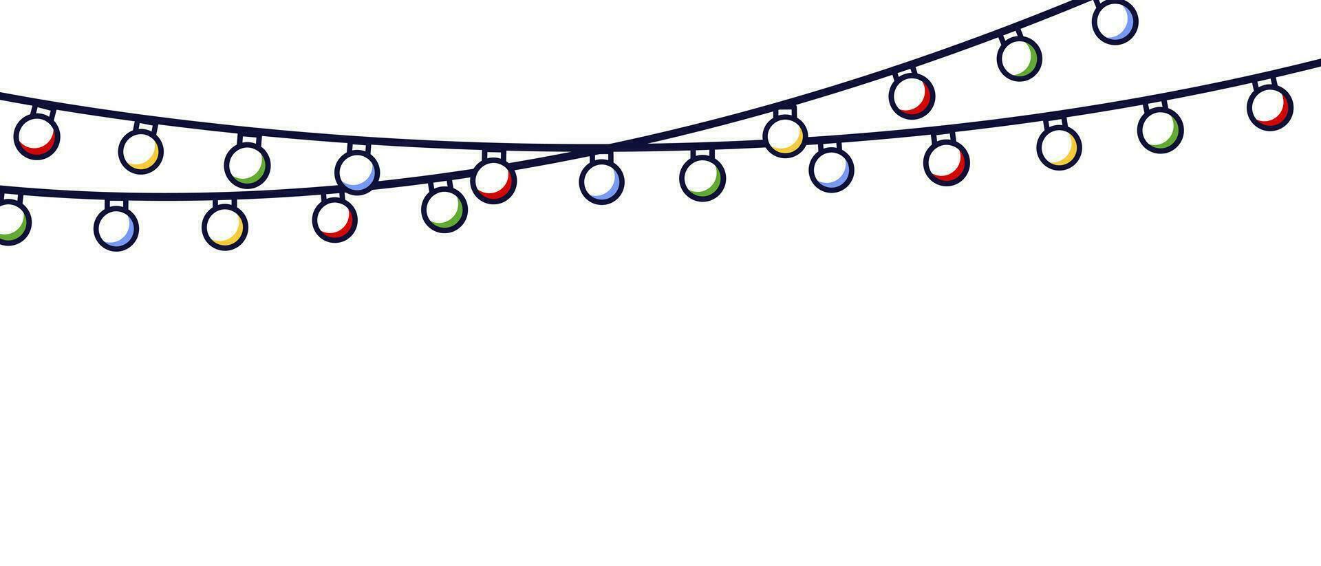 Colored holiday lights. Christmas background with color light bulbs. Light bulbs garland for Christmas holiday cards, banners, footer, header, menu. On white background. String lights. vector