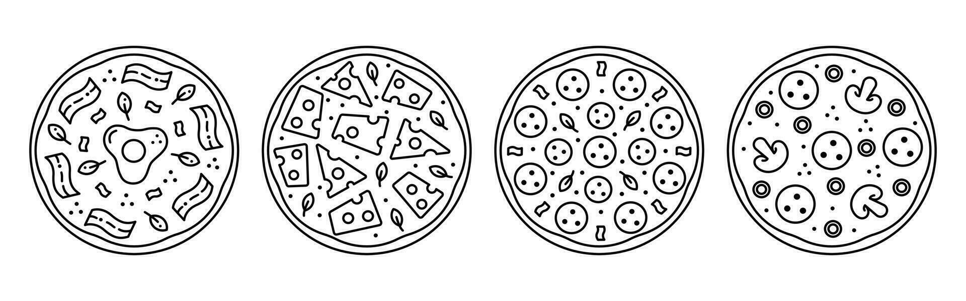 Set tasty pizza  line icon. Pizzeria delivery service. Editorial stroke. Carbonara, cheese, salami, pepperoni, mushroom. vector