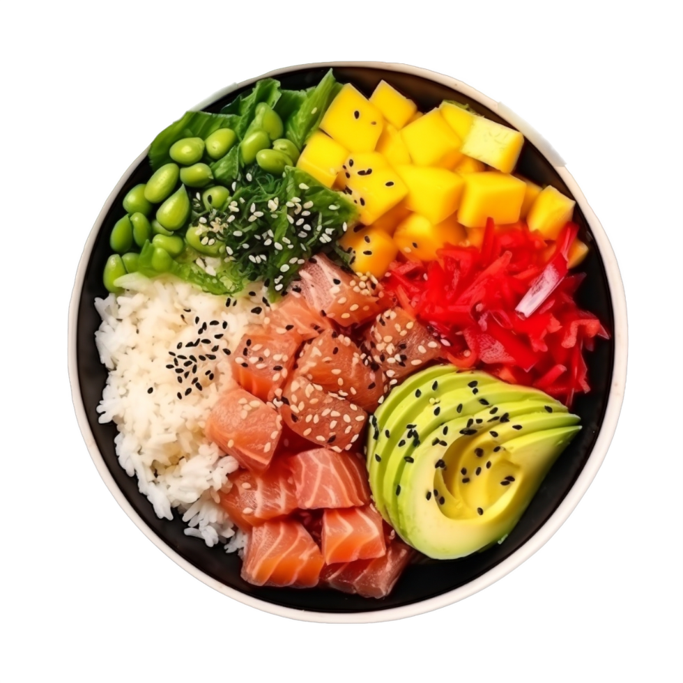 AI generated Gourmet Tuna Salmon Poke Bowl with Avocado and Mango png