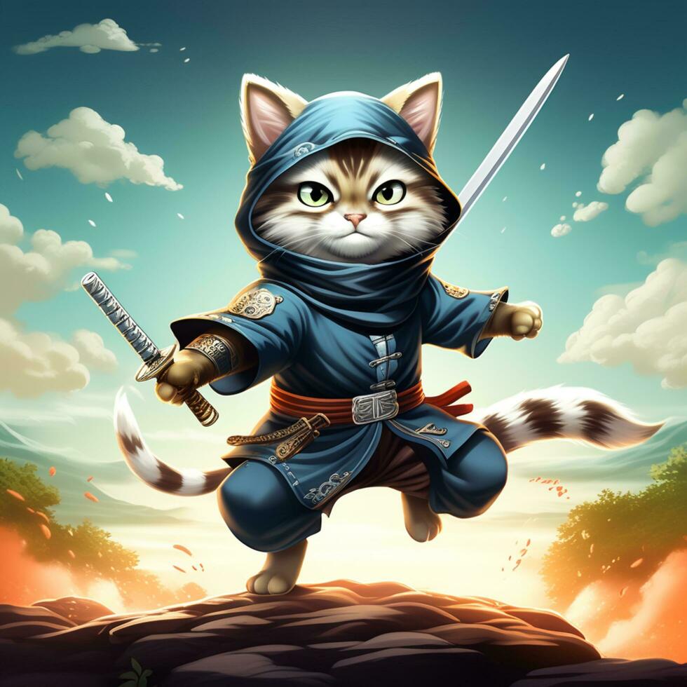 AI generated illustration of a ninja cat holding a sword with a headband photo