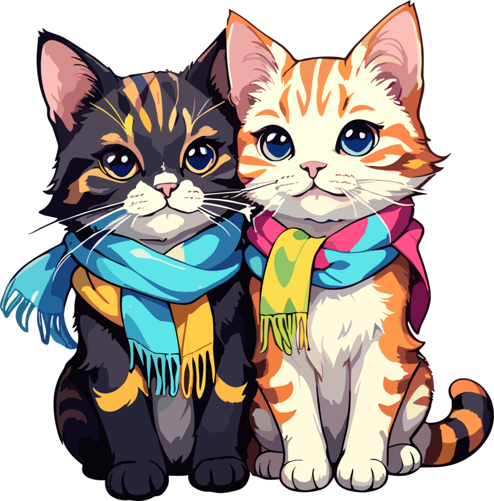 AI generated Cute Two Cats wear Scarf Cartoon png