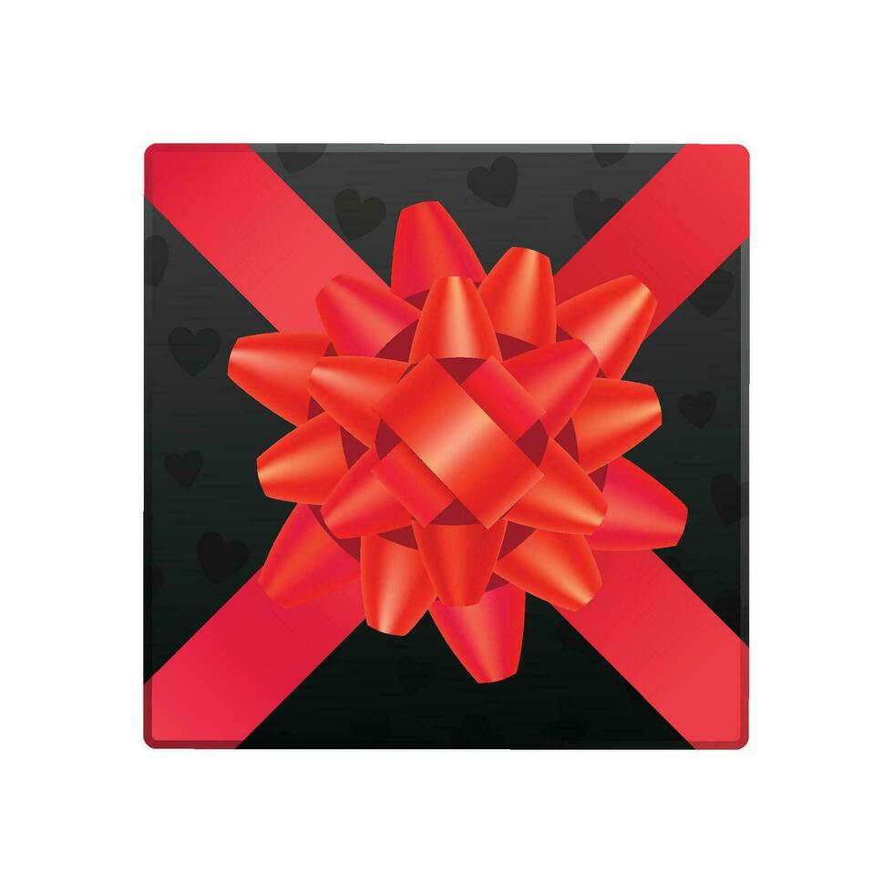 Vector black gift box with red bow ribbon, top view on white background