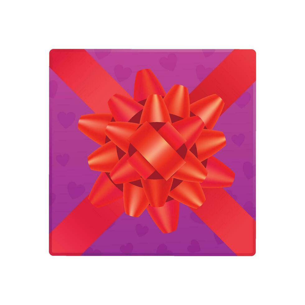 Vector purple gift box with red bow ribbon, top view on white background