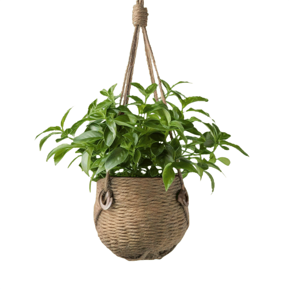 AI generated Lush Green Plant in Rustic Rope Hanging Basket png