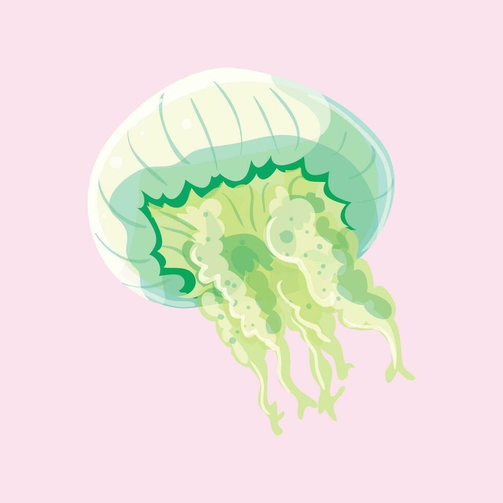 Vector green jellyfish swiming sealife animal on white background