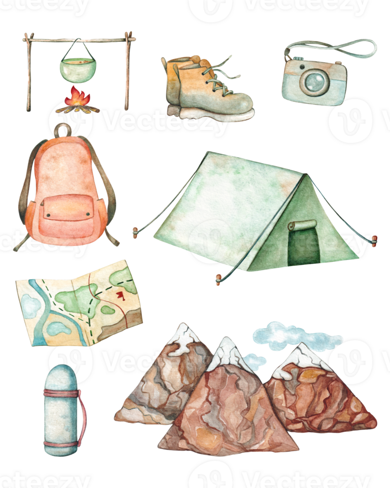 Watercolor illustration of a hiking set isolated on a transparent background. png