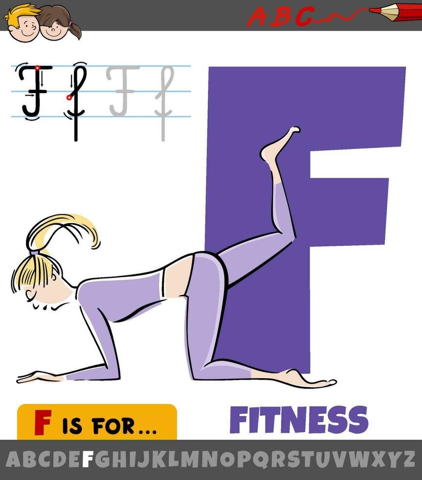 letter F from alphabet with fitness word cartoon illustration vector