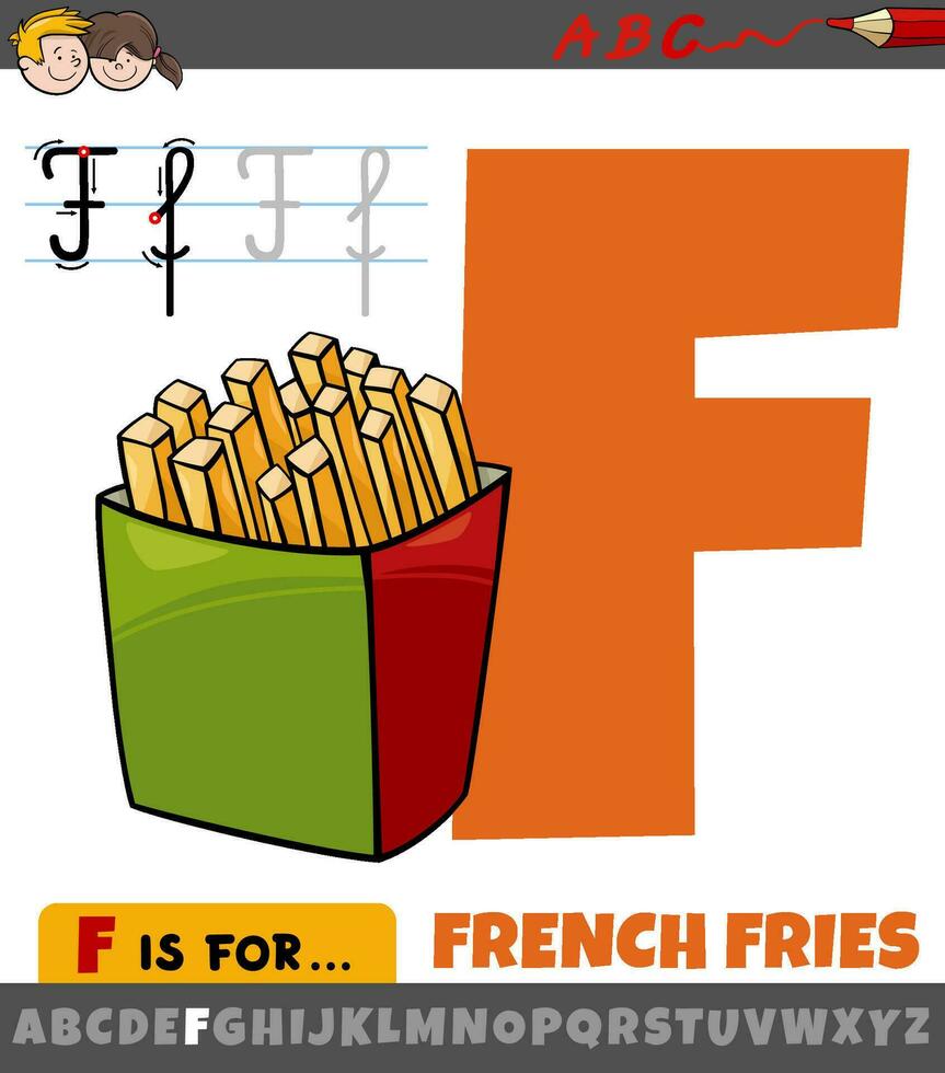 letter F from alphabet with french fries food object vector