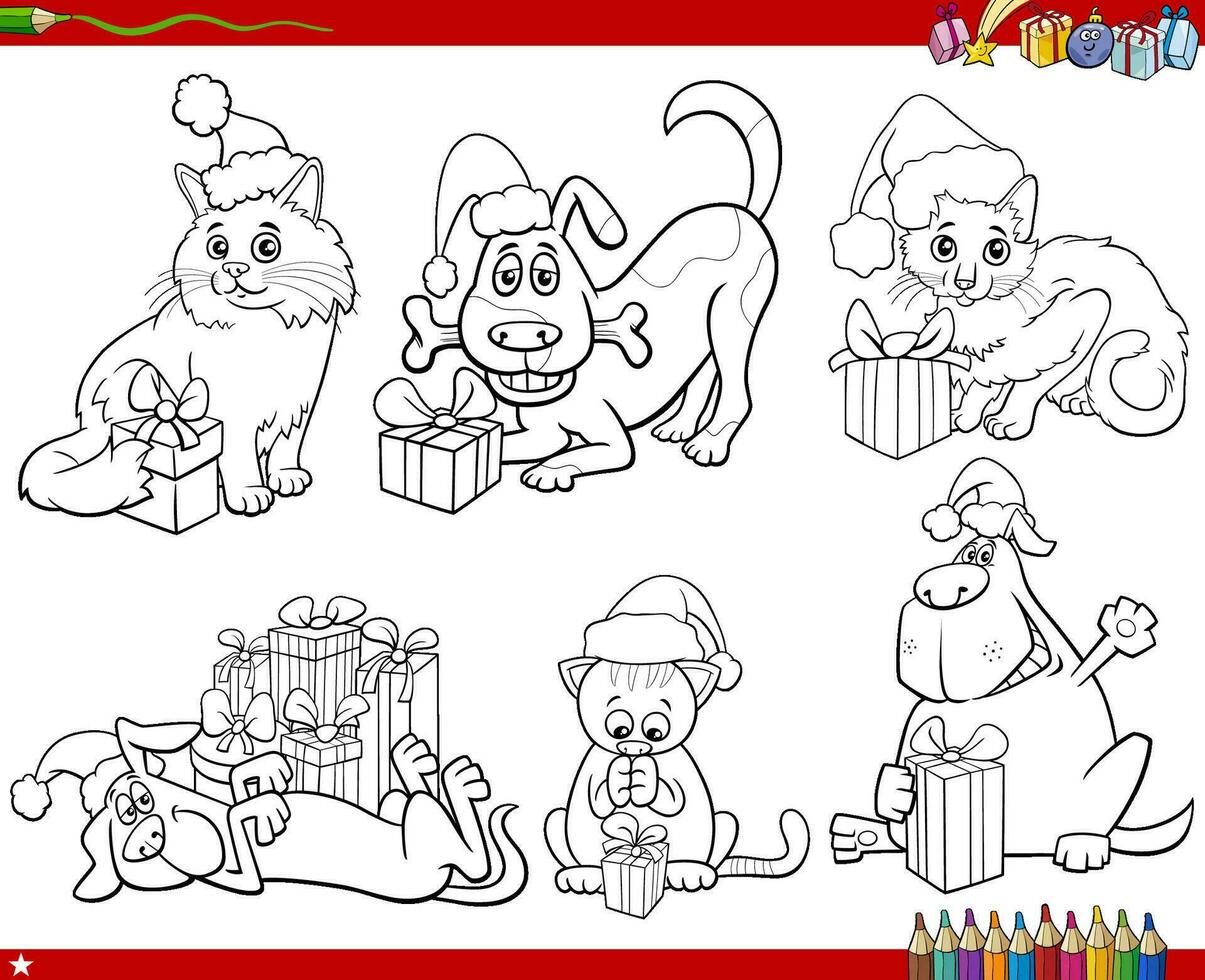 Dibujos de perros y gatos con regalos de navidad para colorear página vector