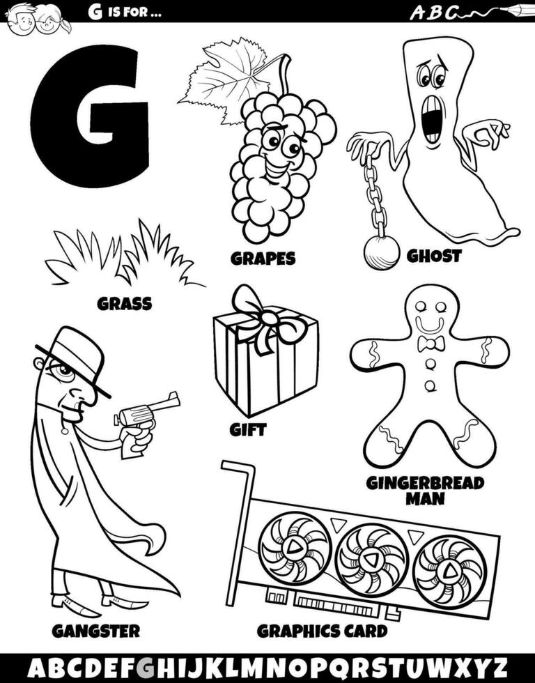 Letter G set with cartoon objects and characters coloring page vector