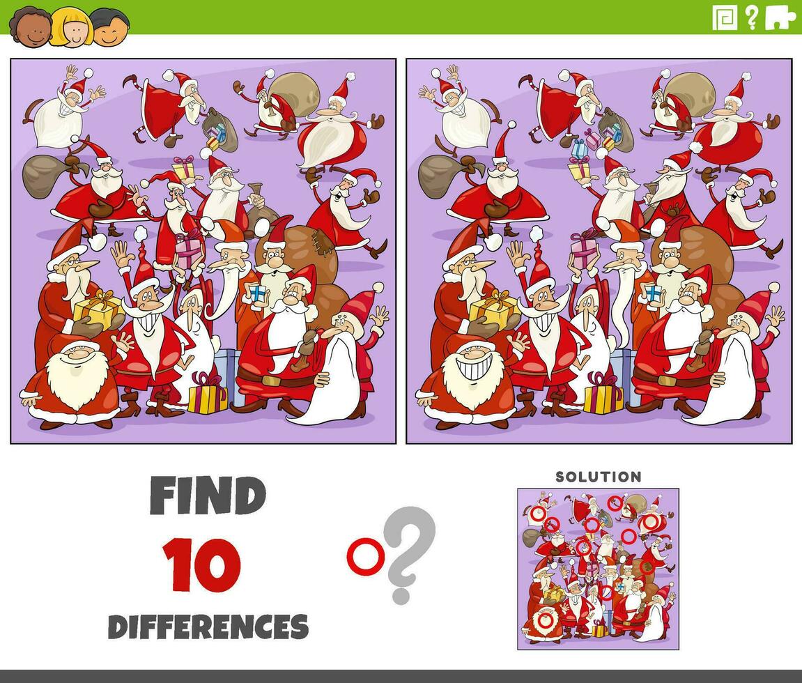 differences activity with cartoon Santa Clauses characters vector