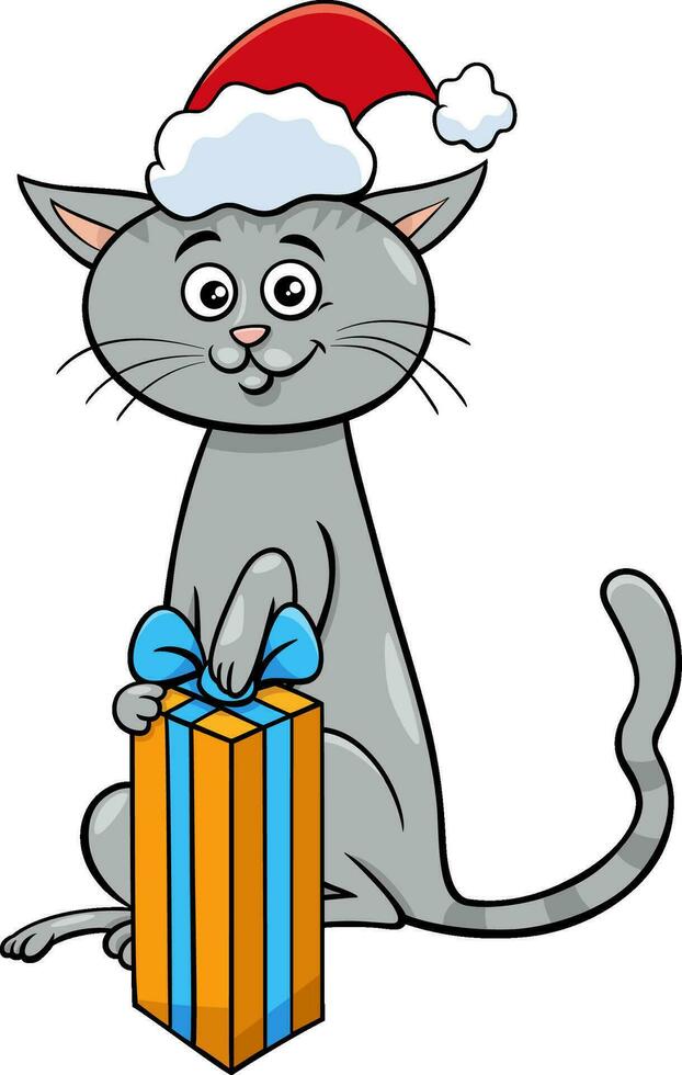 gracioso dibujos animados gato con presente en Navidad hora vector