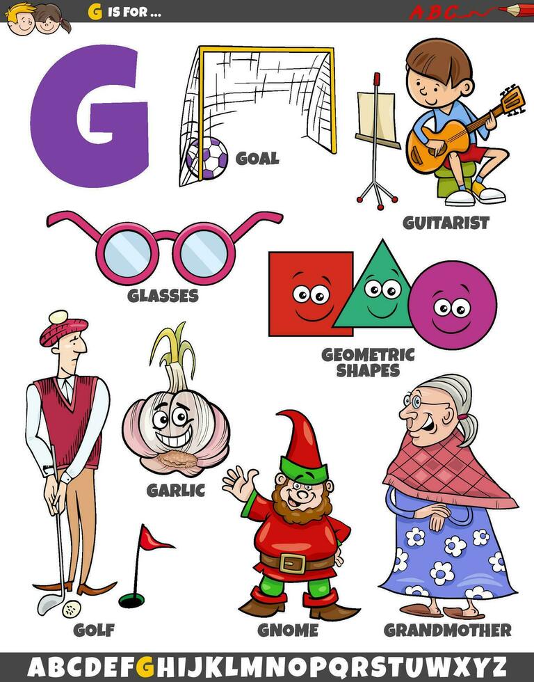 Letter G set with cartoon objects and characters vector