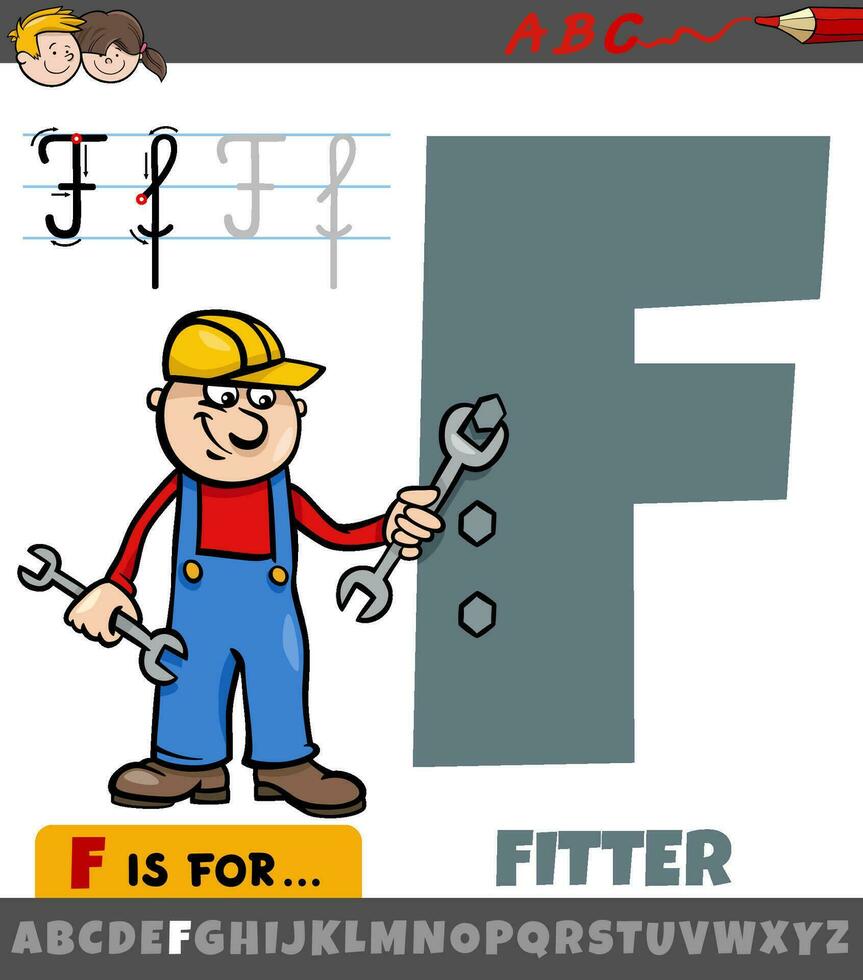 letter F from alphabet with fitter professional occupation vector