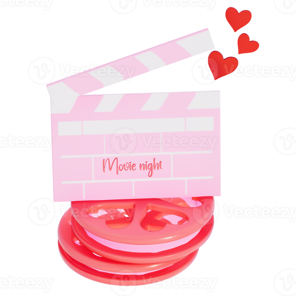 Valentine's movie night clapper board with movie reel on transparent background, 3D rendering png