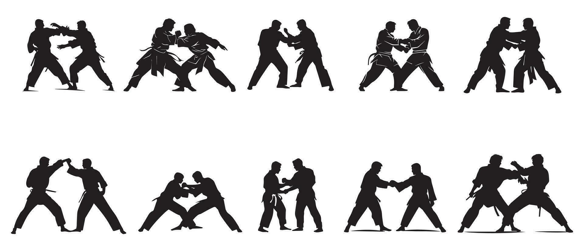 Martial arts fighter set. Silhouette of a karate man. Vector illustration.