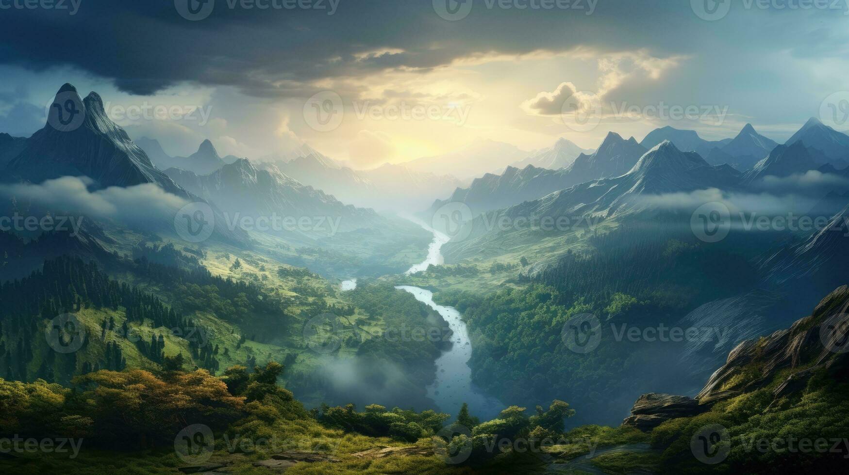 AI generated Mountain morning overlooking the valley photo