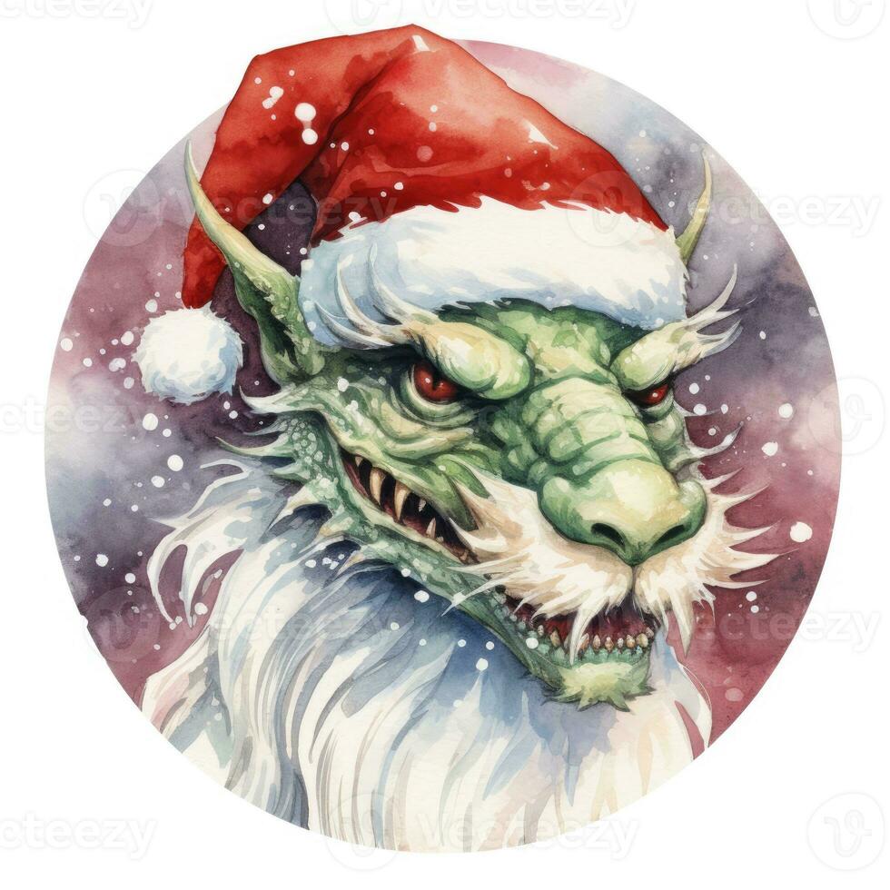 AI generated Illustration of a watercolor Chinese dragon wearing a santa hat on white photo