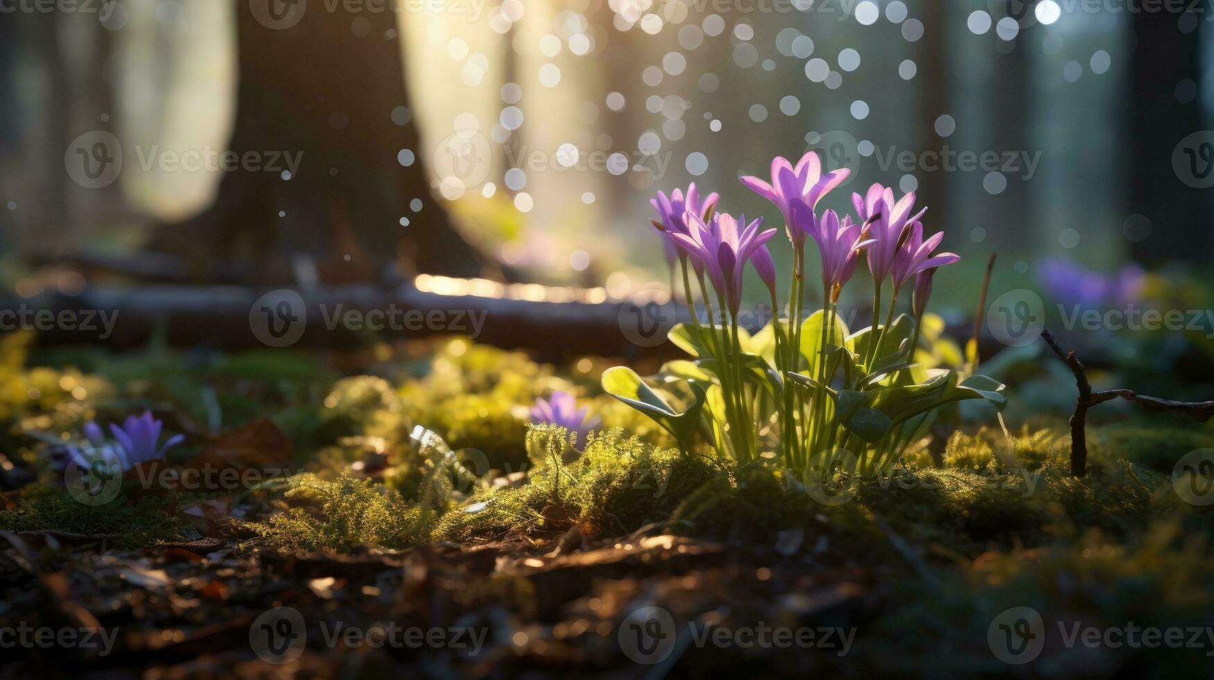 AI generated Spring forest, awakening of nature, first flowers photo