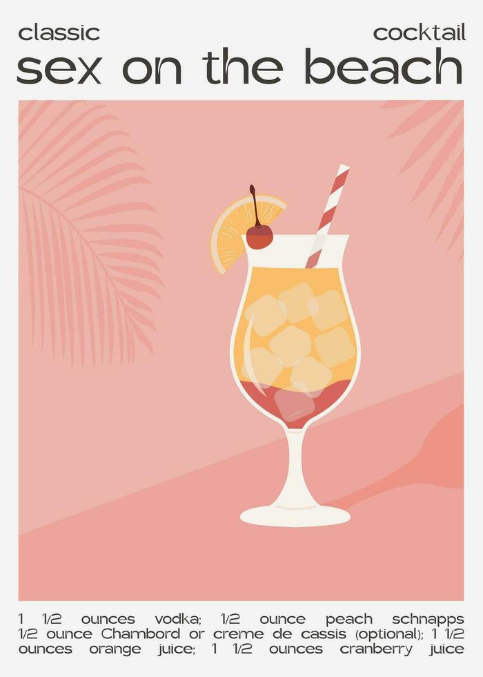 Sex On The Beach Tropical Cocktail garnished with orange and cherry. Classic alcoholic beverage recipe wall art print. Summer aperitif poster. Minimalist alcoholic drink placard. Vector illustration.