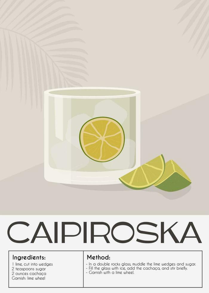 Classic Caipiroska Cocktail recipe. Beverage garnished with lime. Modern trendy print. Summer aperitif with ingredients poster. Minimalist graphic print with alcoholic drink. Vector illustration.