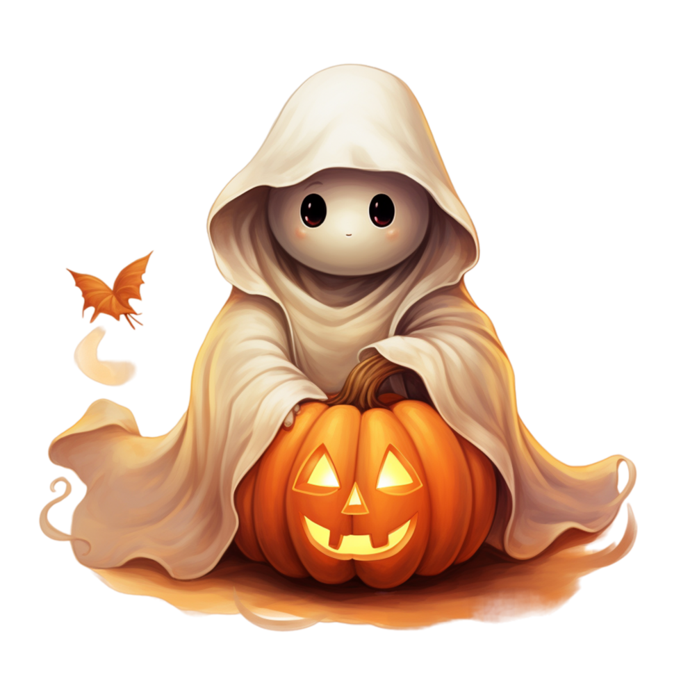 AI generated Halloween cartoon smiling little witch in a pumpkin costume with a witch hat with pumpkin ghost png