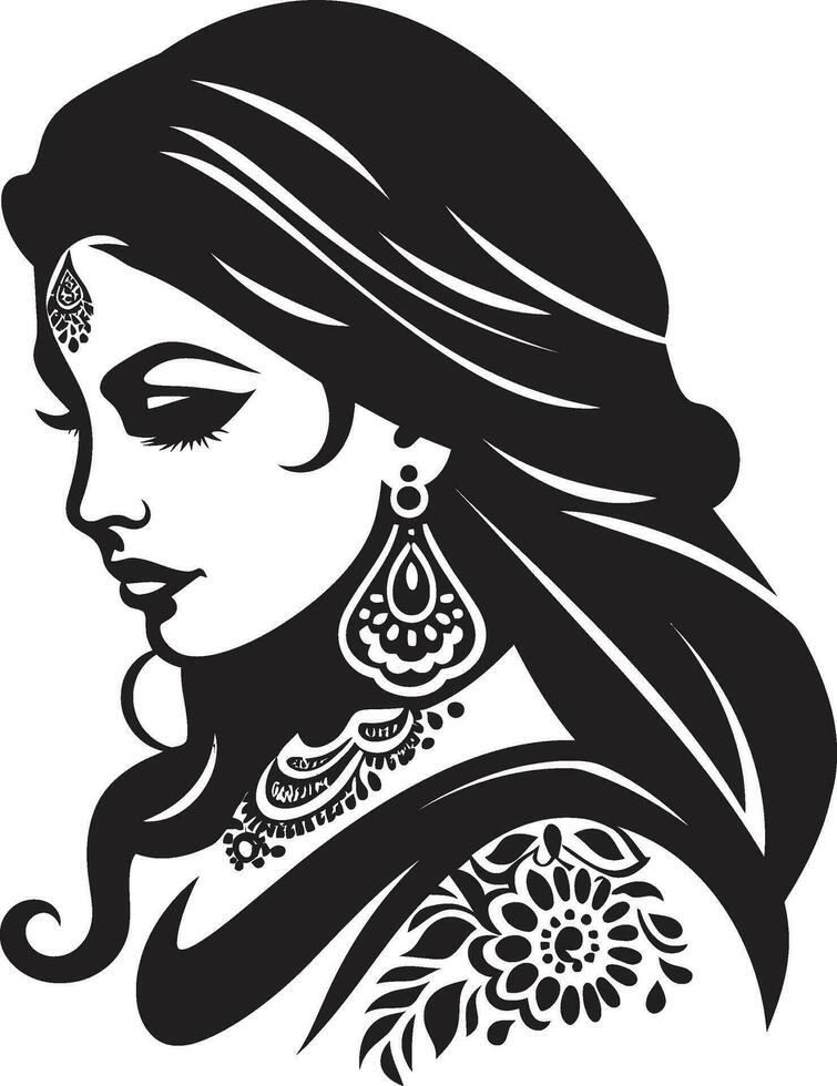 Celebratory Charm Indian Wedding Woman Iconic Ethereal Logo of Bride vector
