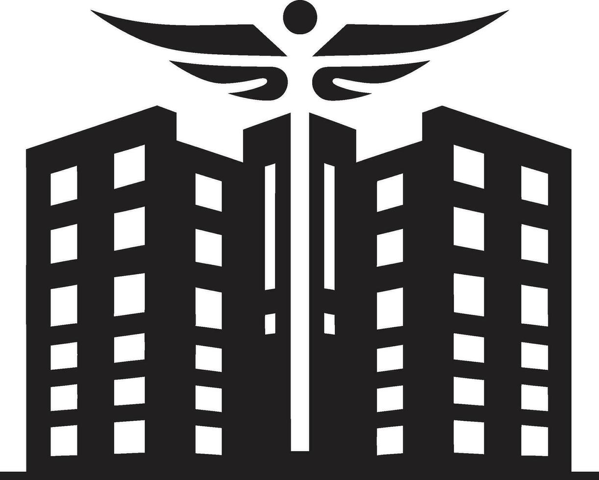 bienestar torre hospital edificio icono curación alturas médico centrar emblema vector