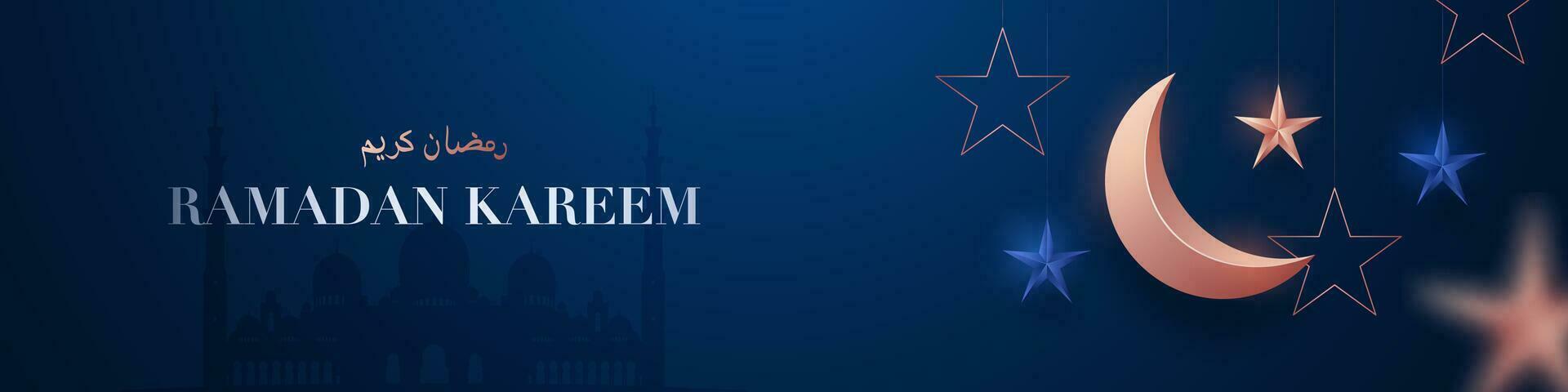 Ramadan Kareem horizontal banner with 3d rose gold crescent moon, stars and confetti on dark blue background. vector