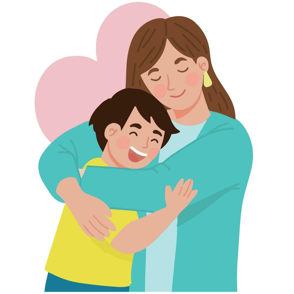contento de la madre día ilustración un chico abrazo su mamá con amor vector ilustración