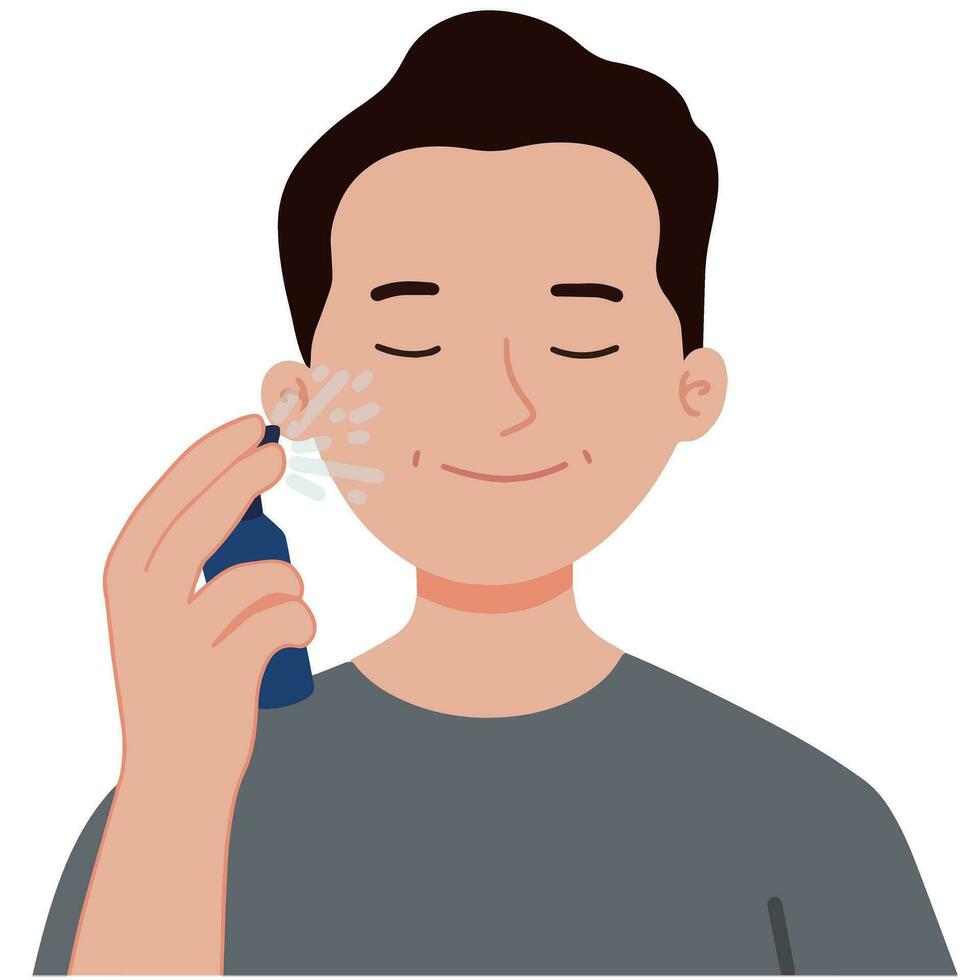 Vector of a man spraying face mist skincare illustration